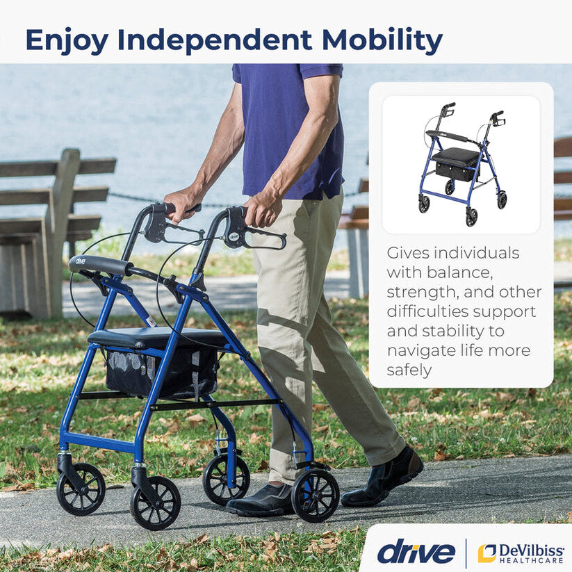 Drive Medical 4-Wheel Rollator Walker With Padded Seat, Backrest And 6-Inch Wheels - Blue